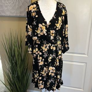 Yellow and black floral roses v neck wrap dress Large